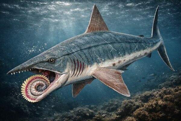 Artistic reconstruction of Helicoprion — the ancient “buzz-saw” shark with a spiral tooth whorl that lived in prehistoric seas.